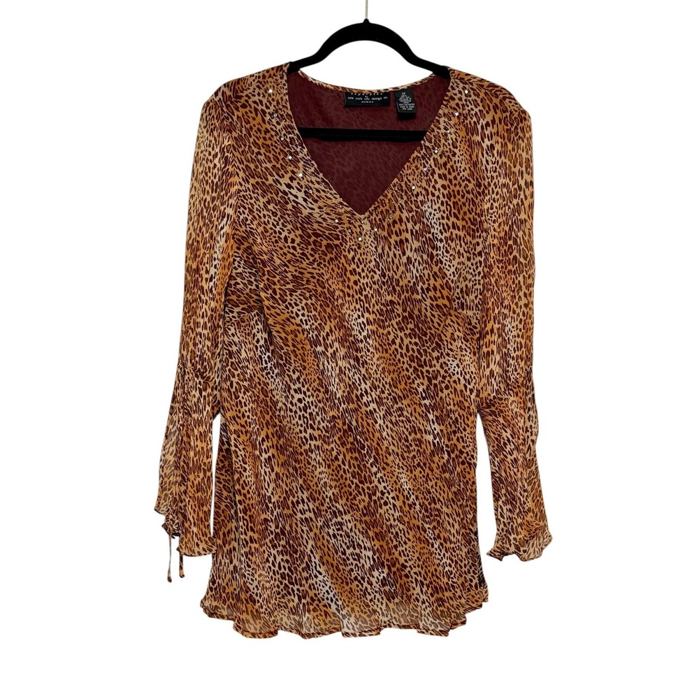 Vintage Silk Leopard Blouse Women's Size 2X Y2K Fairy Grunge Boho Glam‎ Mob Wife